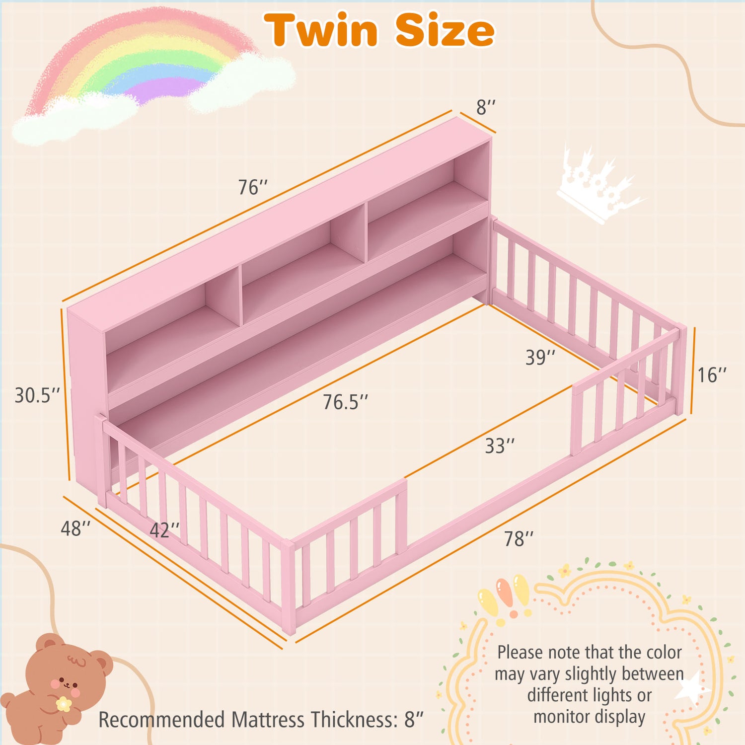 Twin Size Montessori Floor Bed with Bookcase