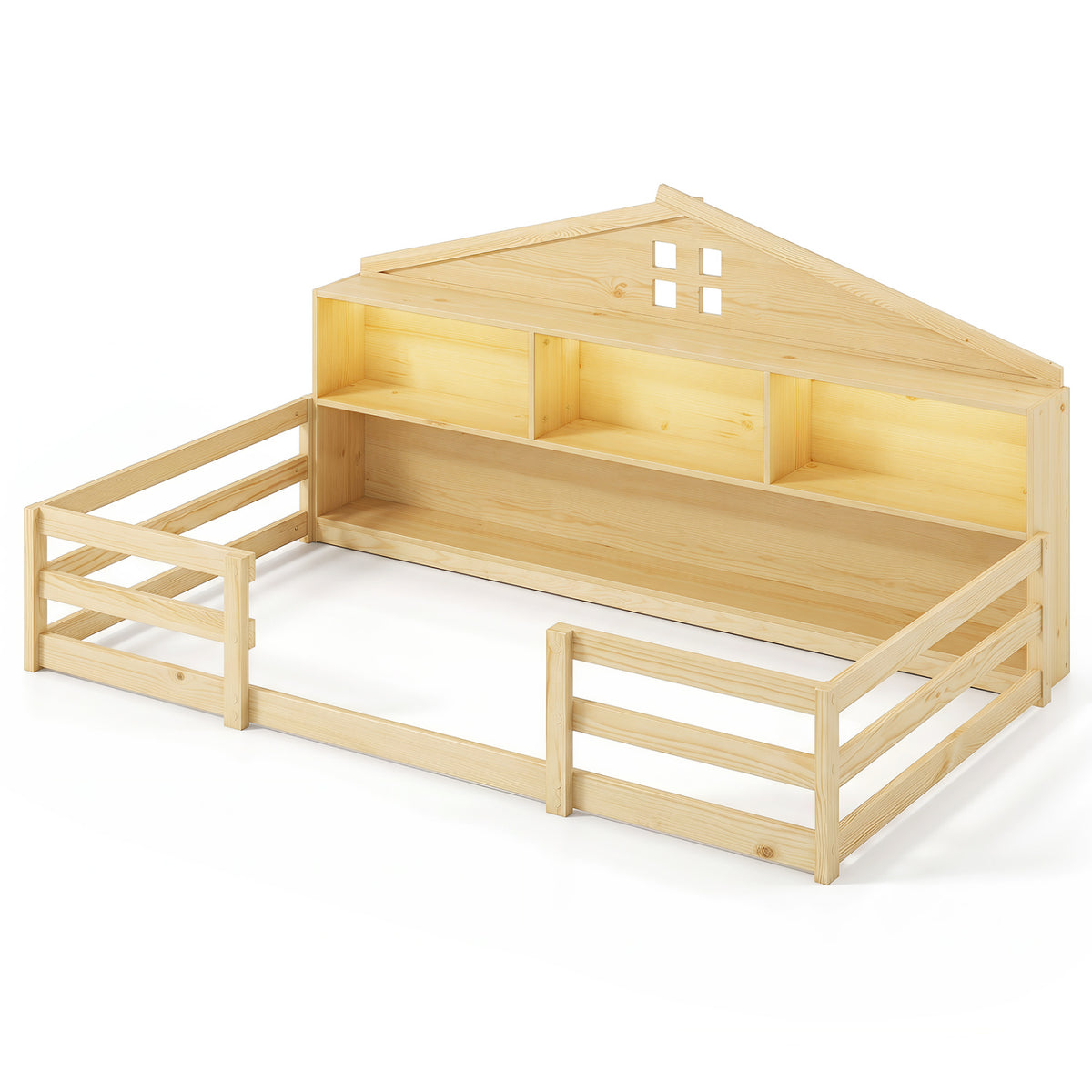 Twin Size Montessori Floor Bed with Storage Compartments and Shelf