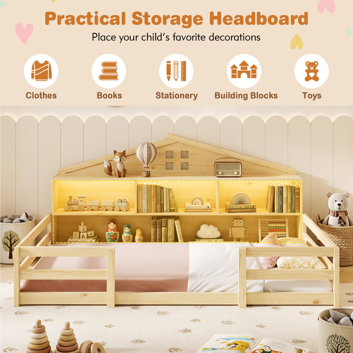 Twin Size Montessori Floor Bed with Storage Compartments and Shelf