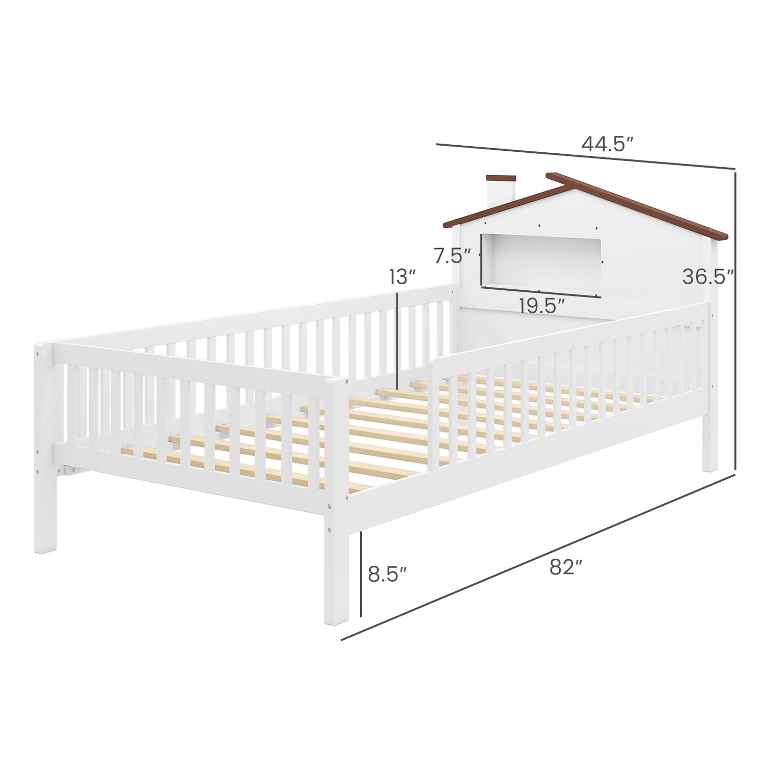 Twin Size Kids Montessori Bed with House-Shaped Headboard and Built-in Storage Shelf