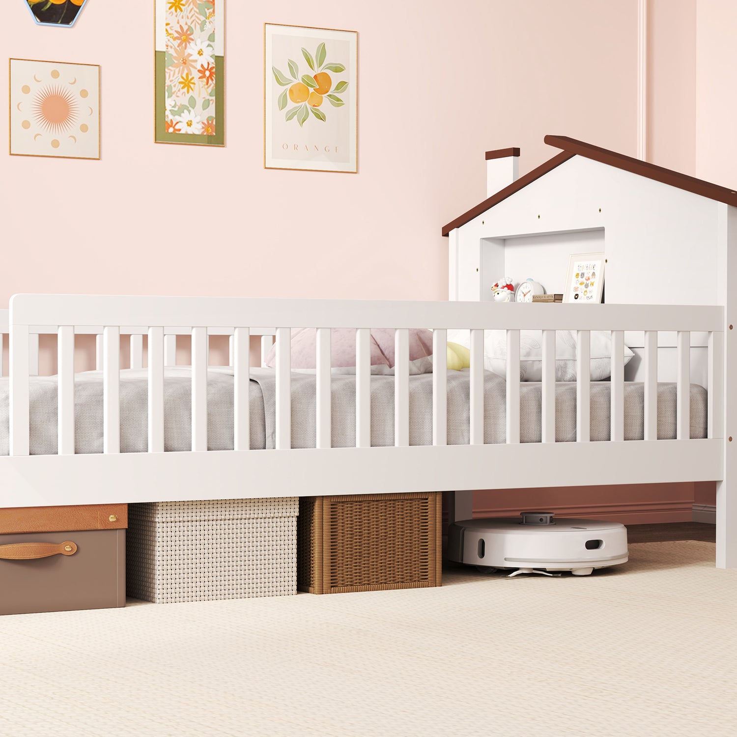 Twin Size Kids Montessori Bed with House-Shaped Headboard and Built-in Storage Shelf