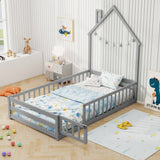 Twin Size Montessori Floor Bed with Lockable Door and Full-Length Guardrail