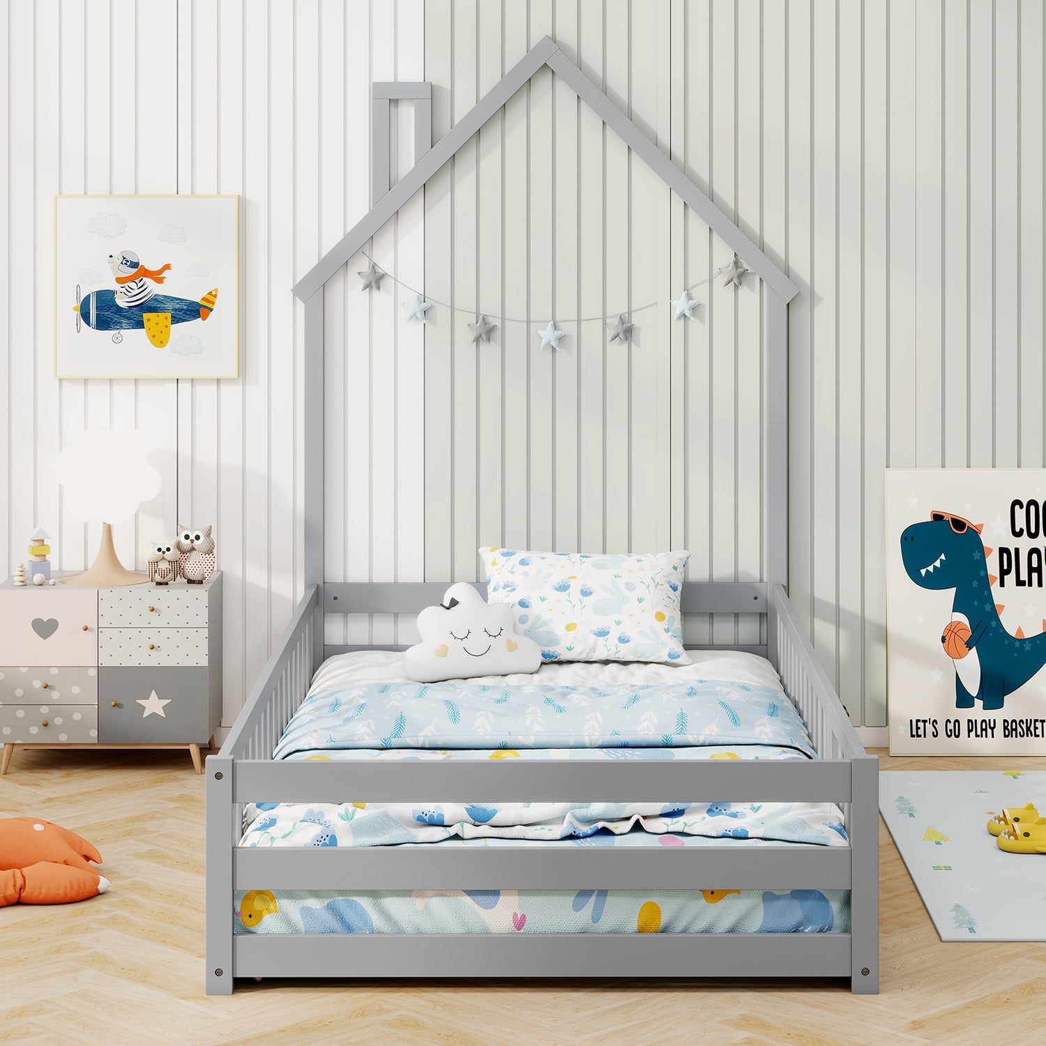 Twin Size Montessori Floor Bed with Lockable Door and Full-Length Guardrail