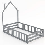 Twin Size Montessori Floor Bed with Lockable Door and Full-Length Guardrail