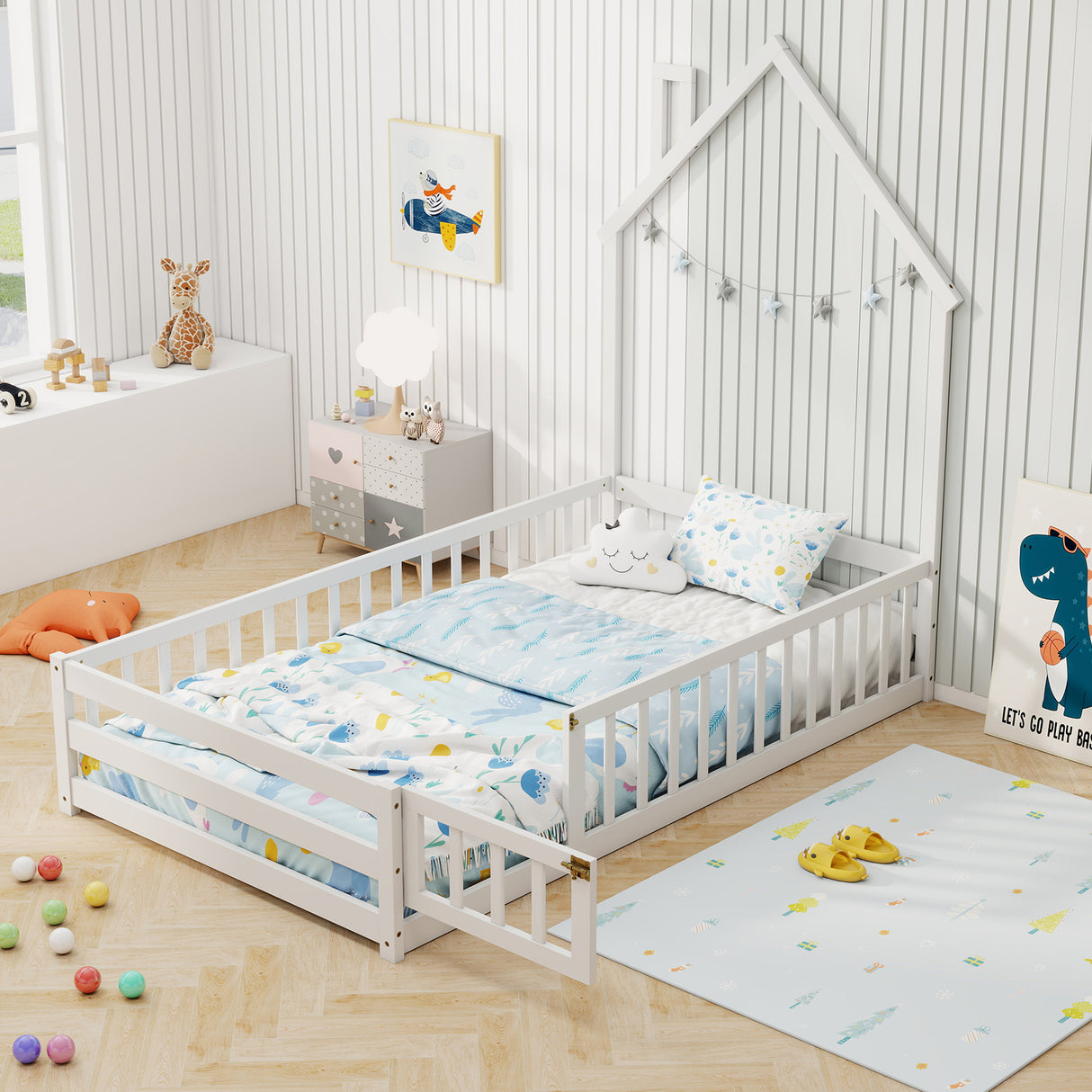 Twin Size Montessori Floor Bed with Lockable Door and Full-Length Guardrail