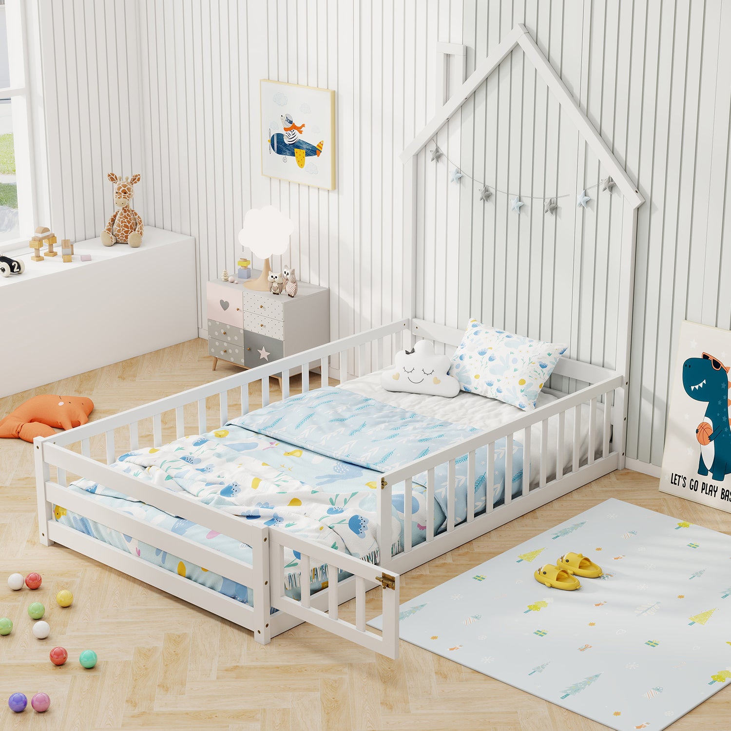 Twin Size Montessori Floor Bed with Lockable Door and Full-Length Guardrail