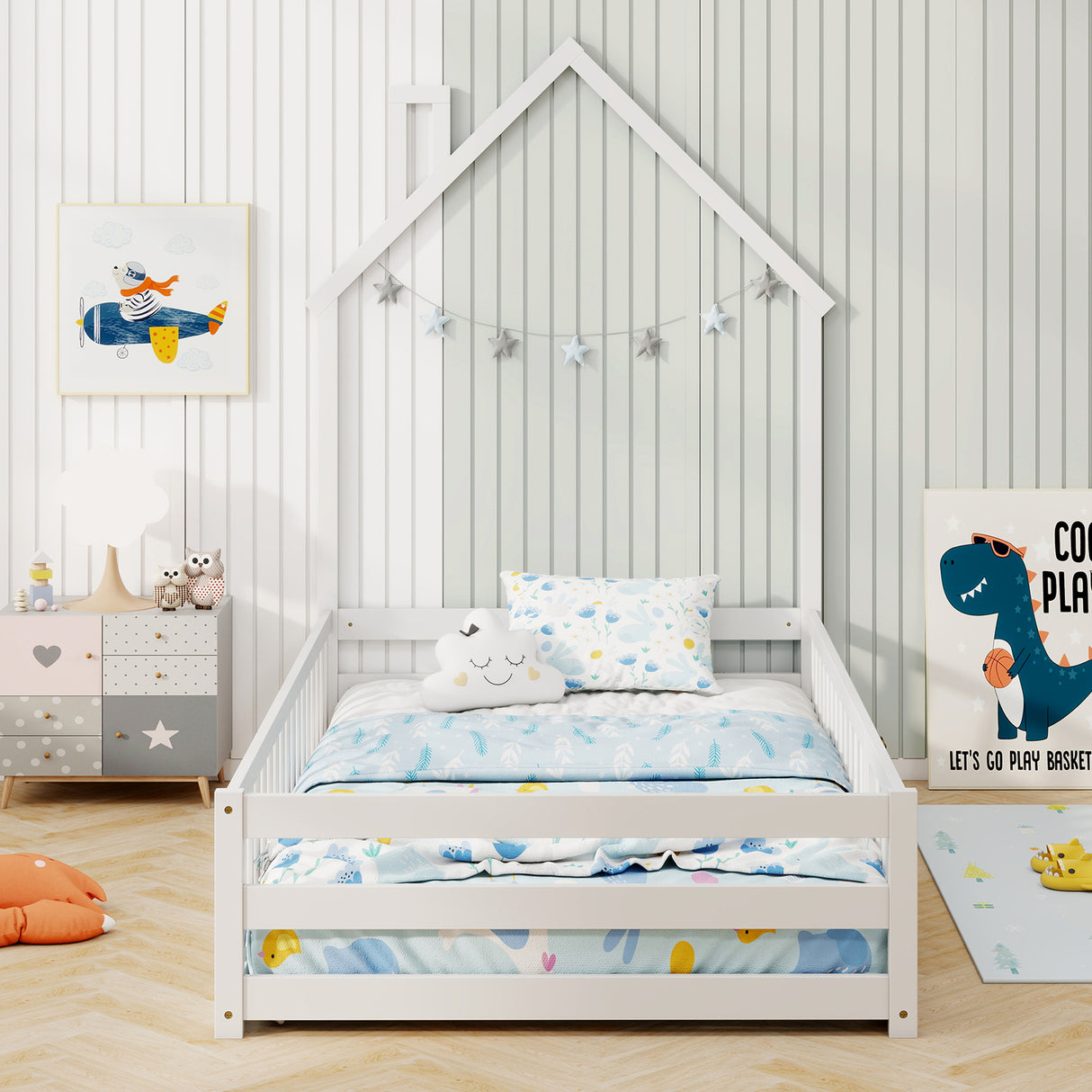 Twin Size Montessori Floor Bed with Lockable Door and Full-Length Guardrail