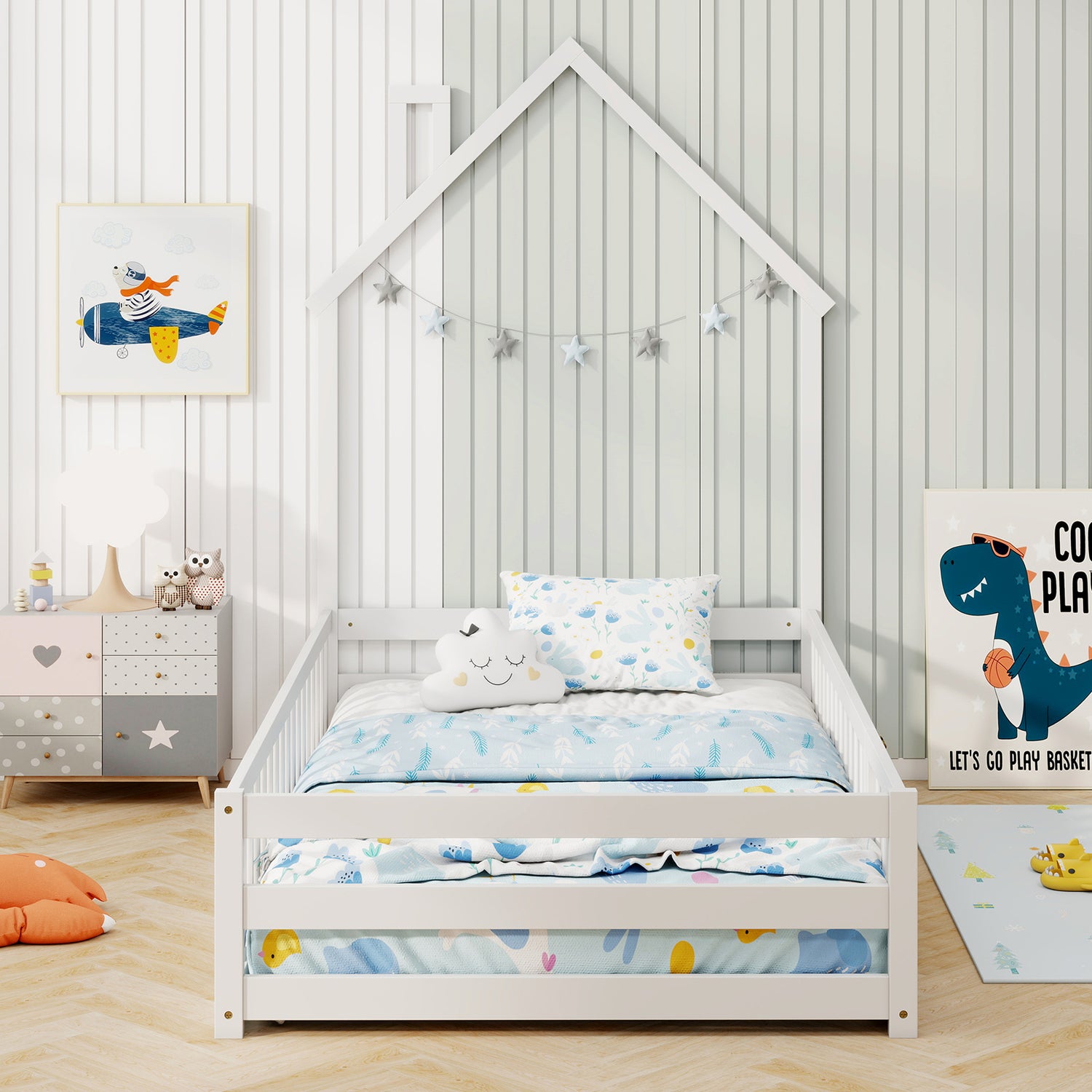 Twin Size Montessori Floor Bed with Lockable Door and Full-Length Guardrail