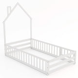 Twin Size Montessori Floor Bed with Lockable Door and Full-Length Guardrail