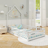 Twin Size Montessori Floor Bed with Lockable Door and Full-Length Guardrail