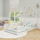 Twin Size Montessori Floor Bed with Lockable Door and Full-Length Guardrail