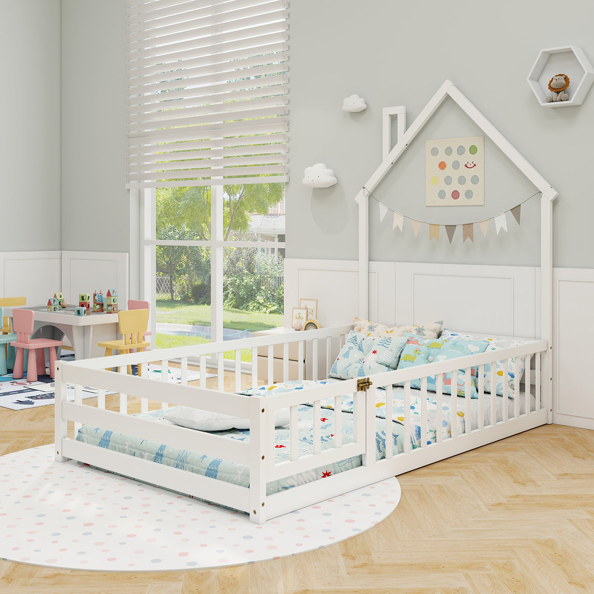 Twin Size Montessori Floor Bed with Lockable Door and Full-Length Guardrail