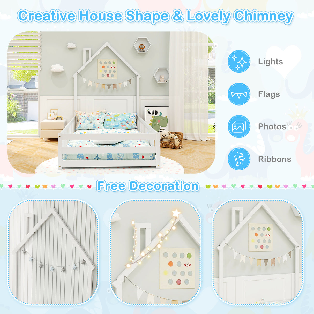 Twin Size Montessori Floor Bed with Lockable Door and Full-Length Guardrail