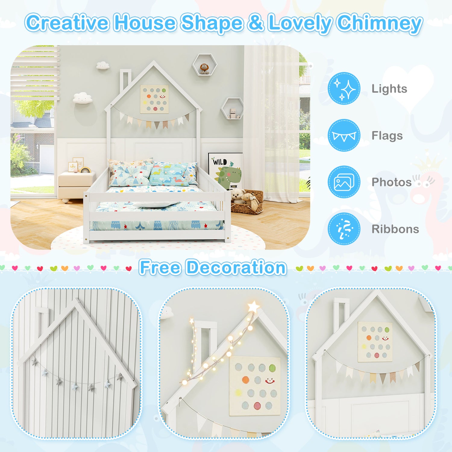 Twin Size Montessori Floor Bed with Lockable Door and Full-Length Guardrail