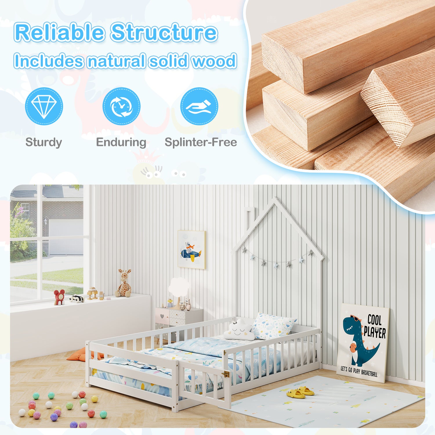 Twin Size Montessori Floor Bed with Lockable Door and Full-Length Guardrail