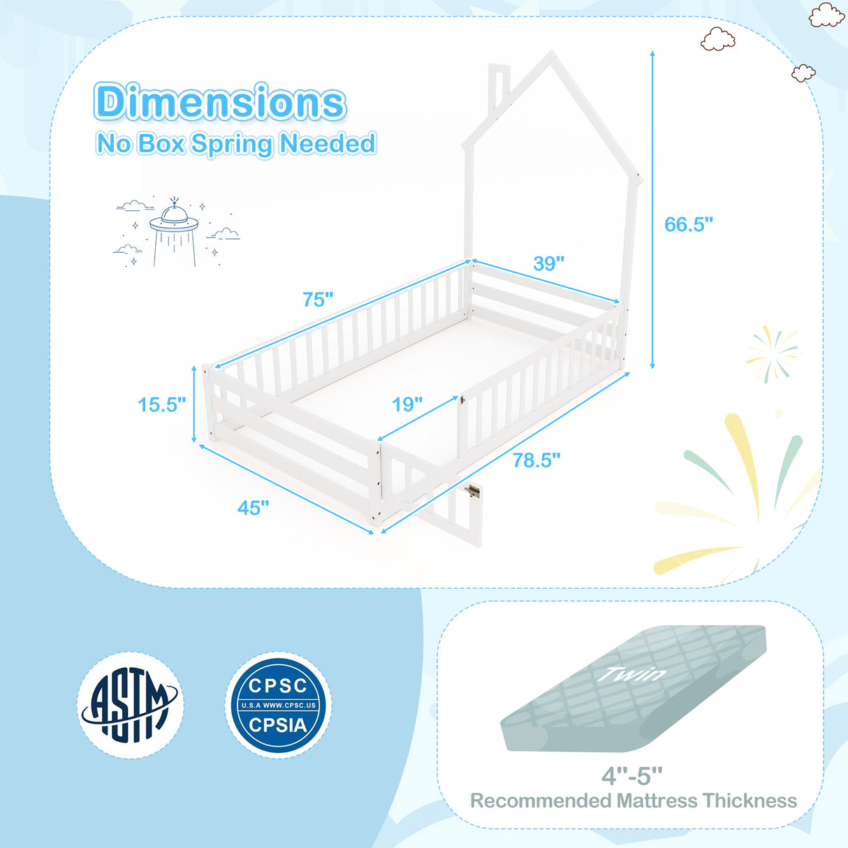 Twin Size Montessori Floor Bed with Lockable Door and Full-Length Guardrail