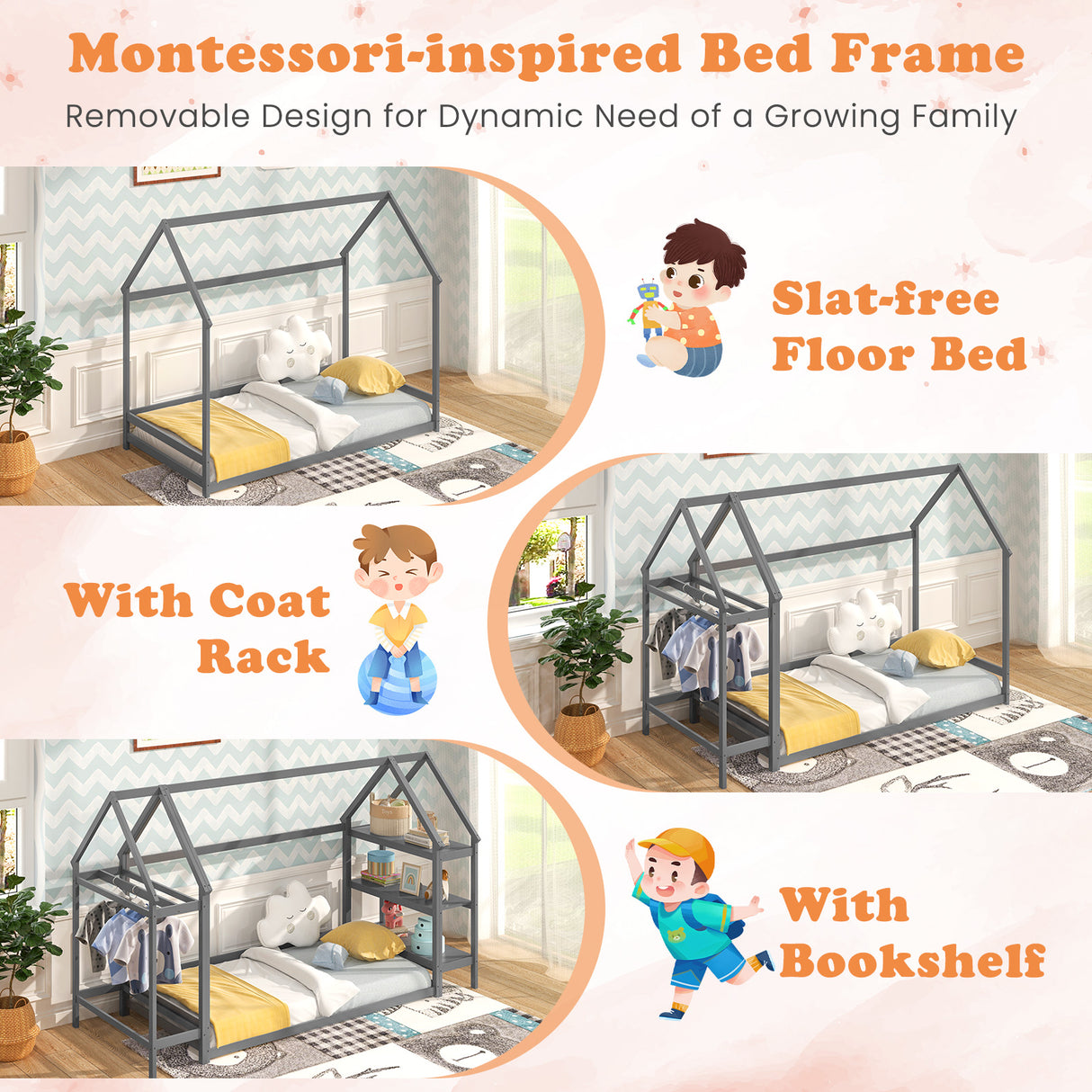 Twin Size Montessori Floor House Bed with Detachable Storage Shelves