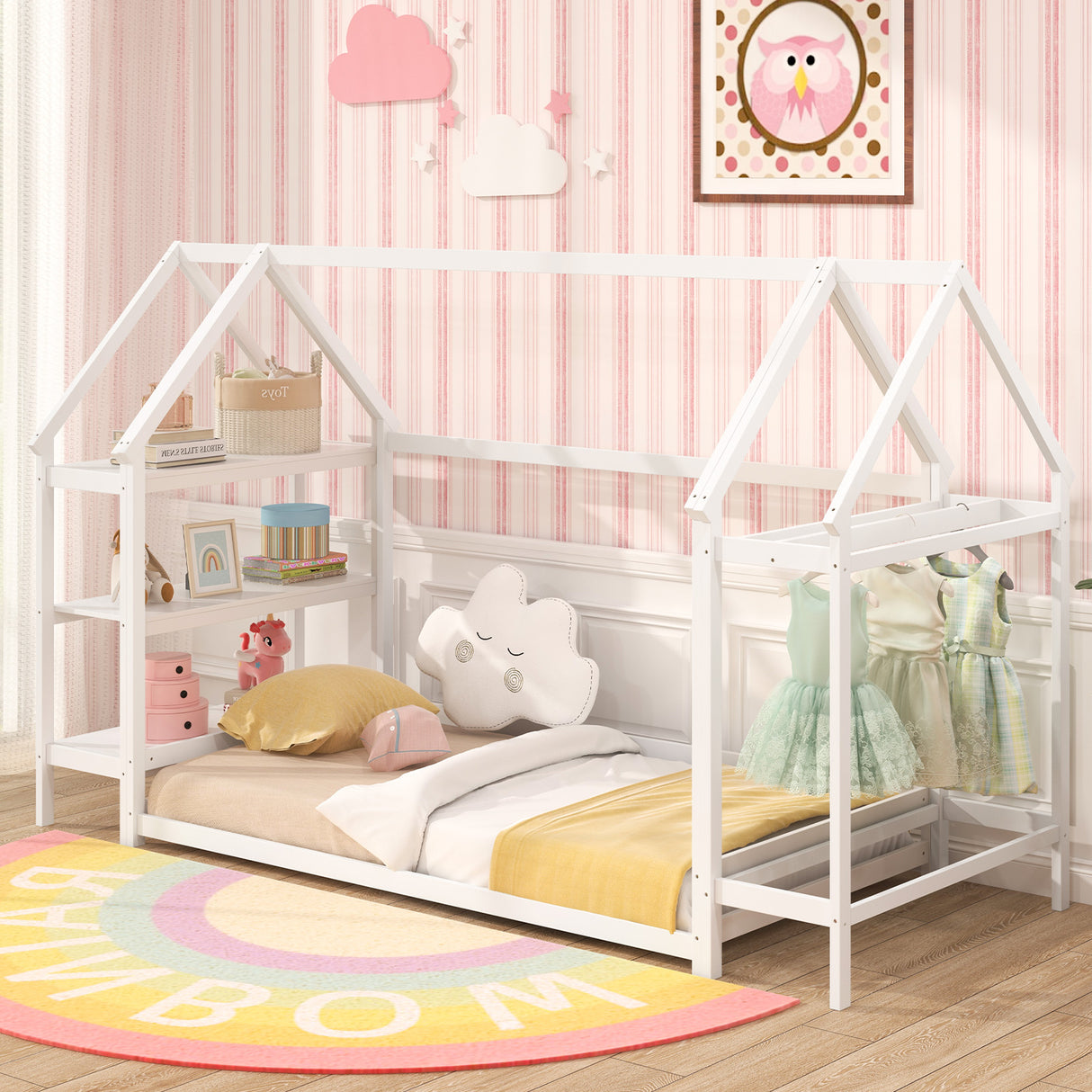 Twin Size Montessori Floor House Bed with Detachable Storage Shelves
