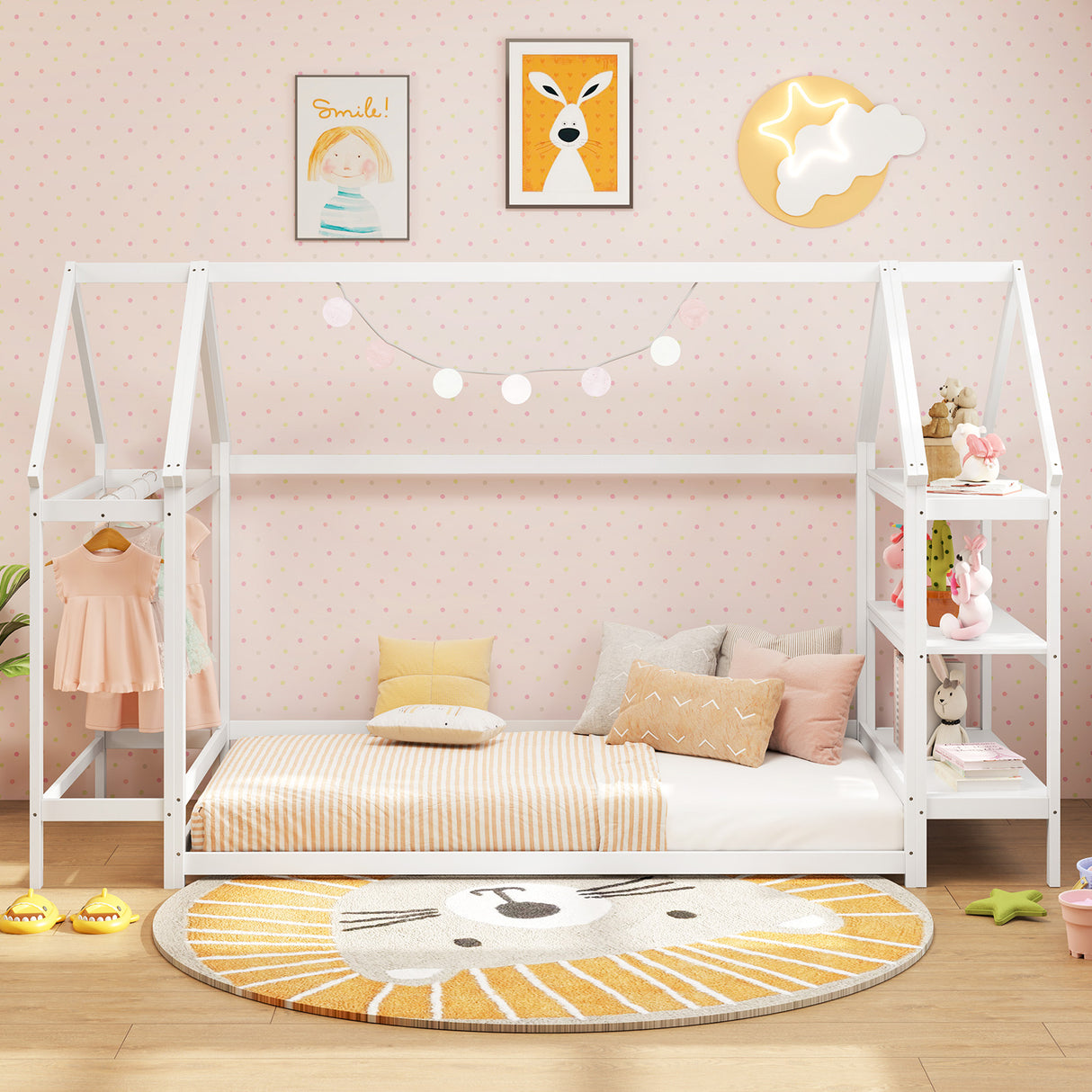 Twin Size Montessori Floor House Bed with Detachable Storage Shelves