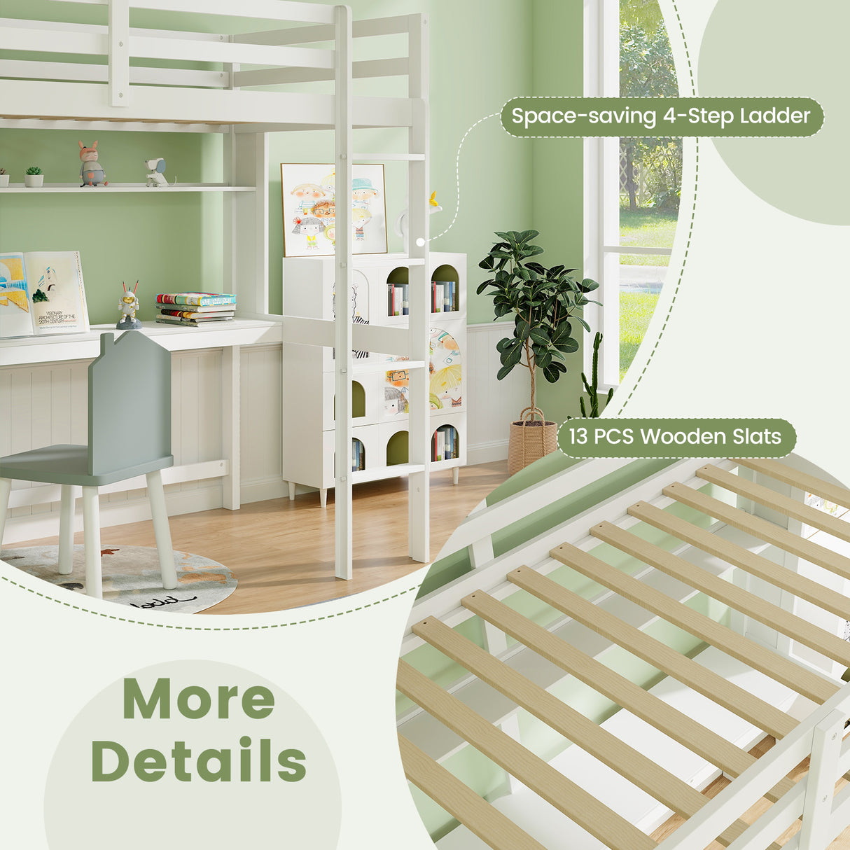 Twin Size Solid Wood Slatted Loft Bed Frame with Safety Guardrail for Kid