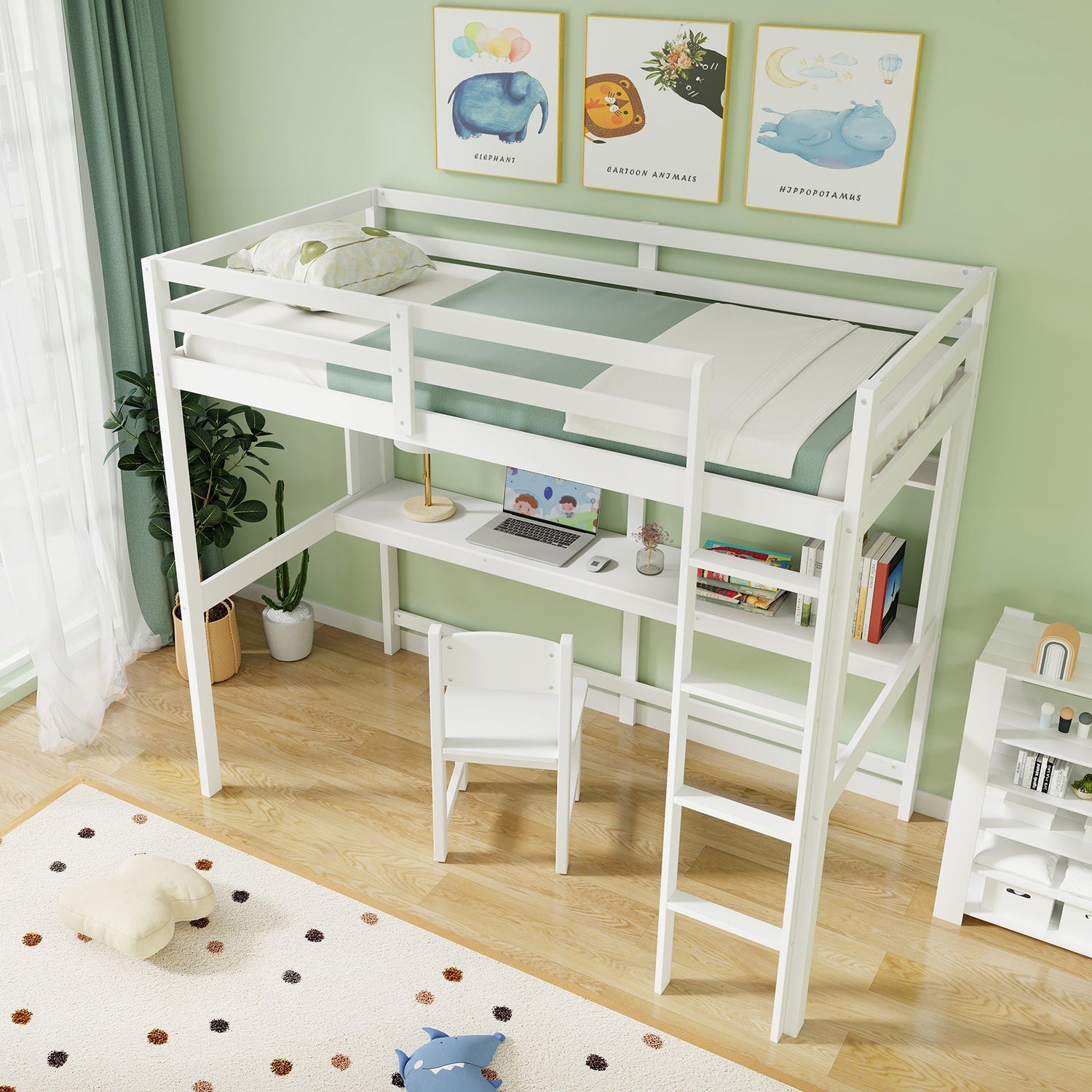 Twin Size Solid Wood Slatted Loft Bed Frame with Safety Guardrail for Kid