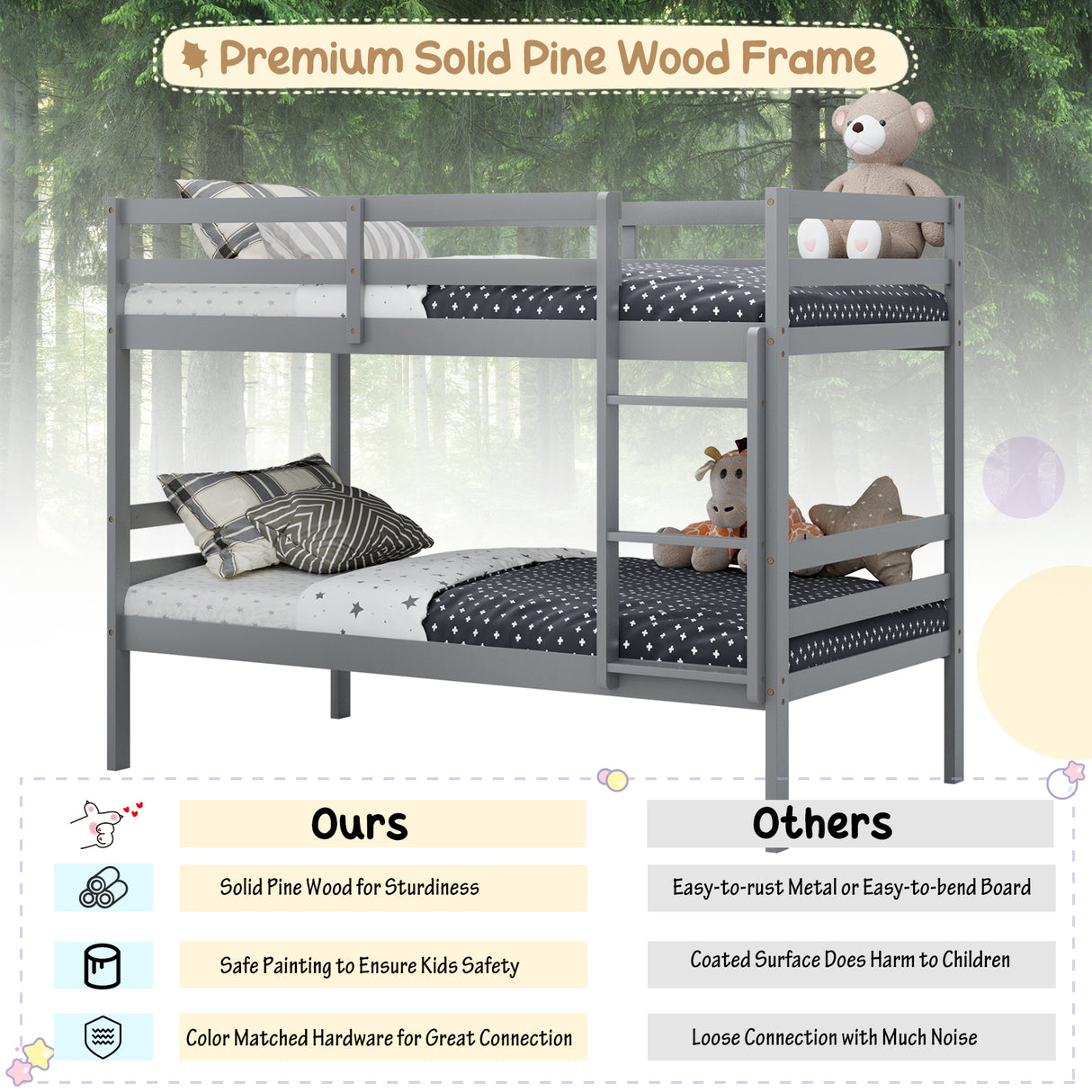 Twin Bunk Bed Children Wooden Bunk Beds Solid Hardwood