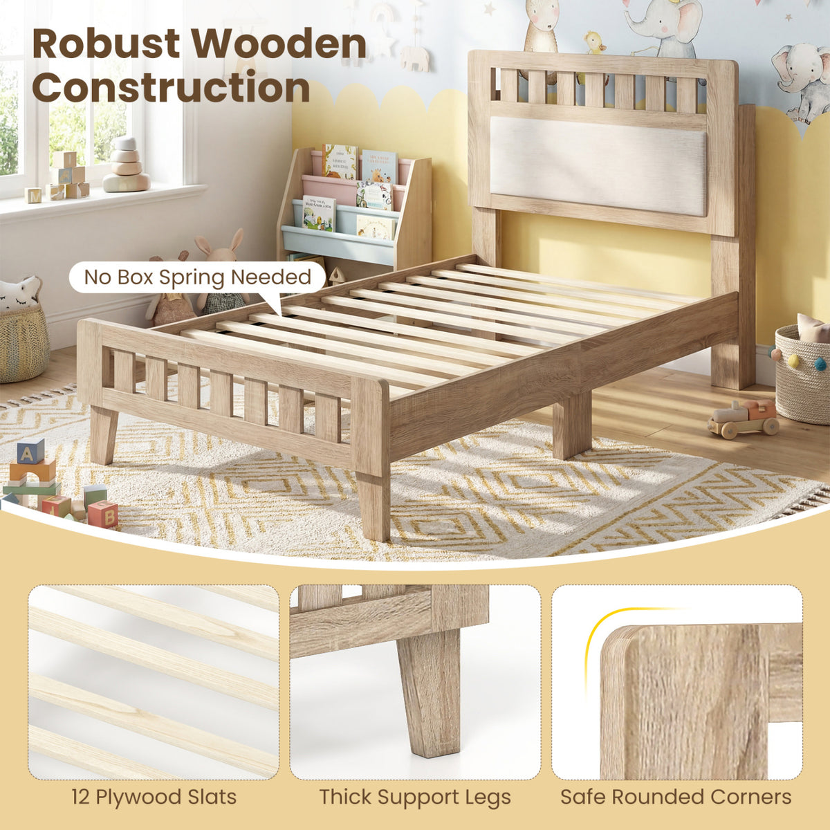 Twin Size Wood Bed Frame with Upholstered Headboard Mid Century Style