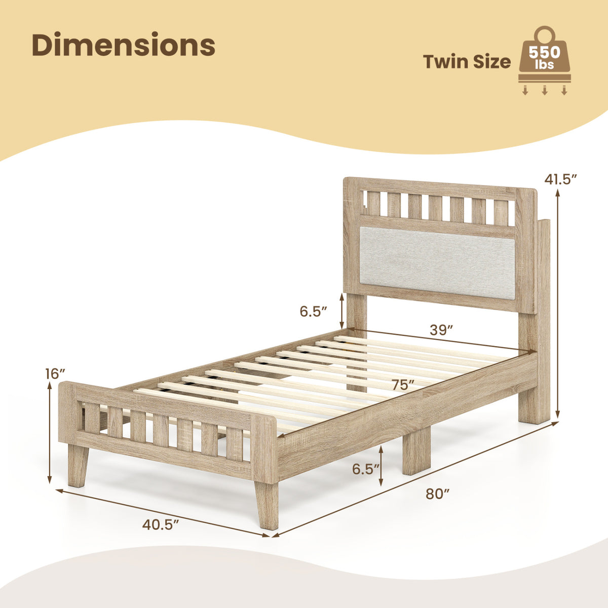 Twin Size Wood Bed Frame with Upholstered Headboard Mid Century Style