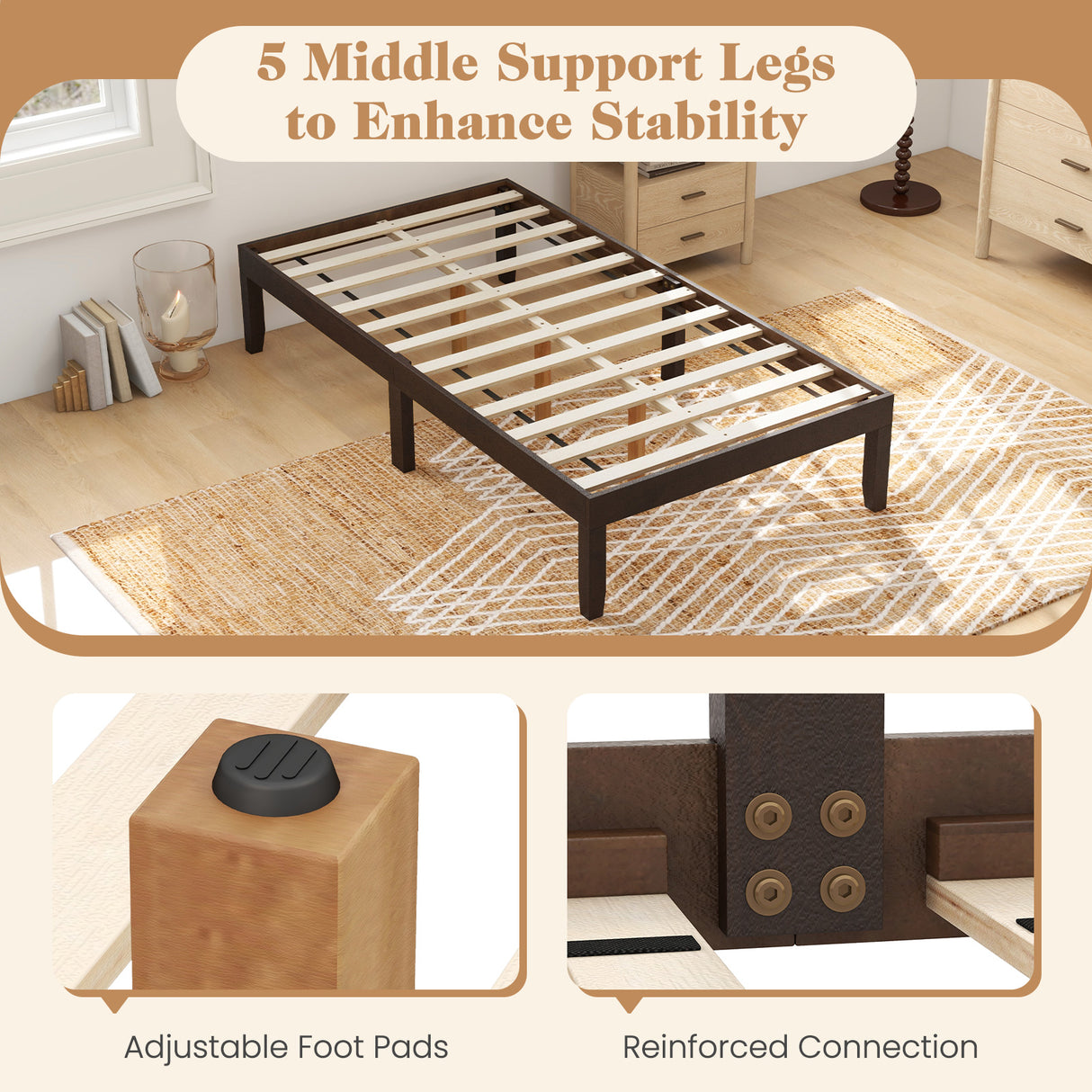 14 Inch Twin Wood Platform Bed Frame with Wooden Slats Support