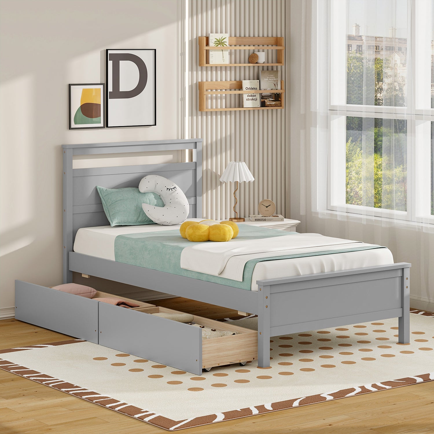Twin Size Wooden Bed Frame with 2 Drawers for Teens and Adults
