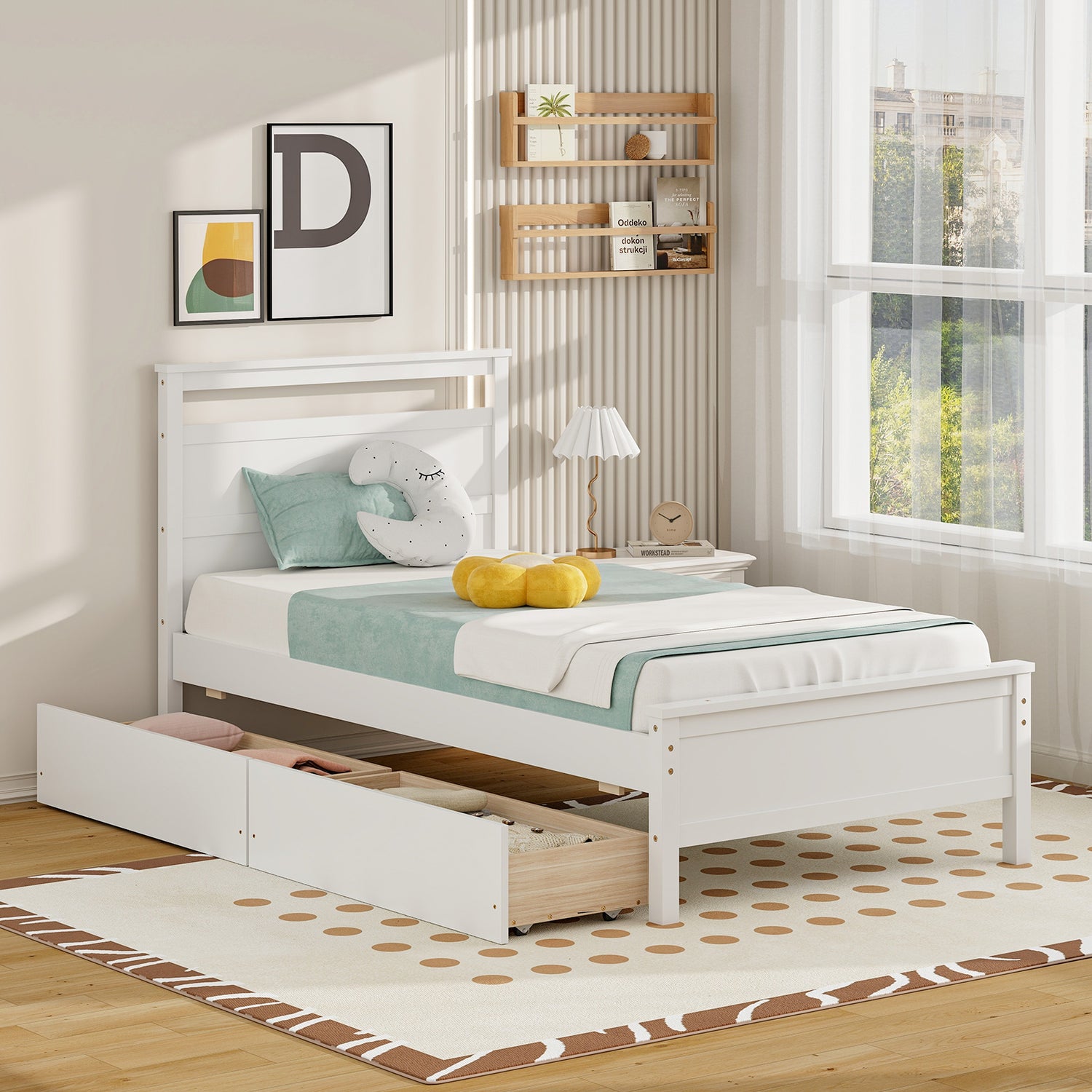 Twin Size Wooden Bed Frame with 2 Drawers for Teens and Adults