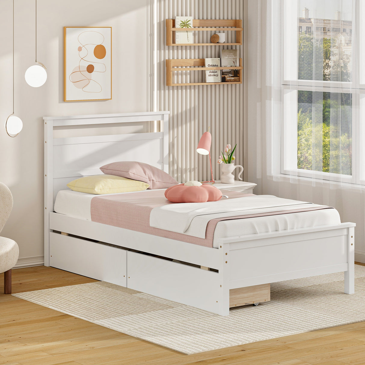 Twin Size Wooden Bed Frame with 2 Drawers for Teens and Adults