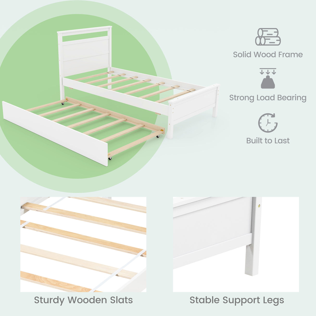 Twin Size Wooden Bed Frame with Trundle for Teens and Adults