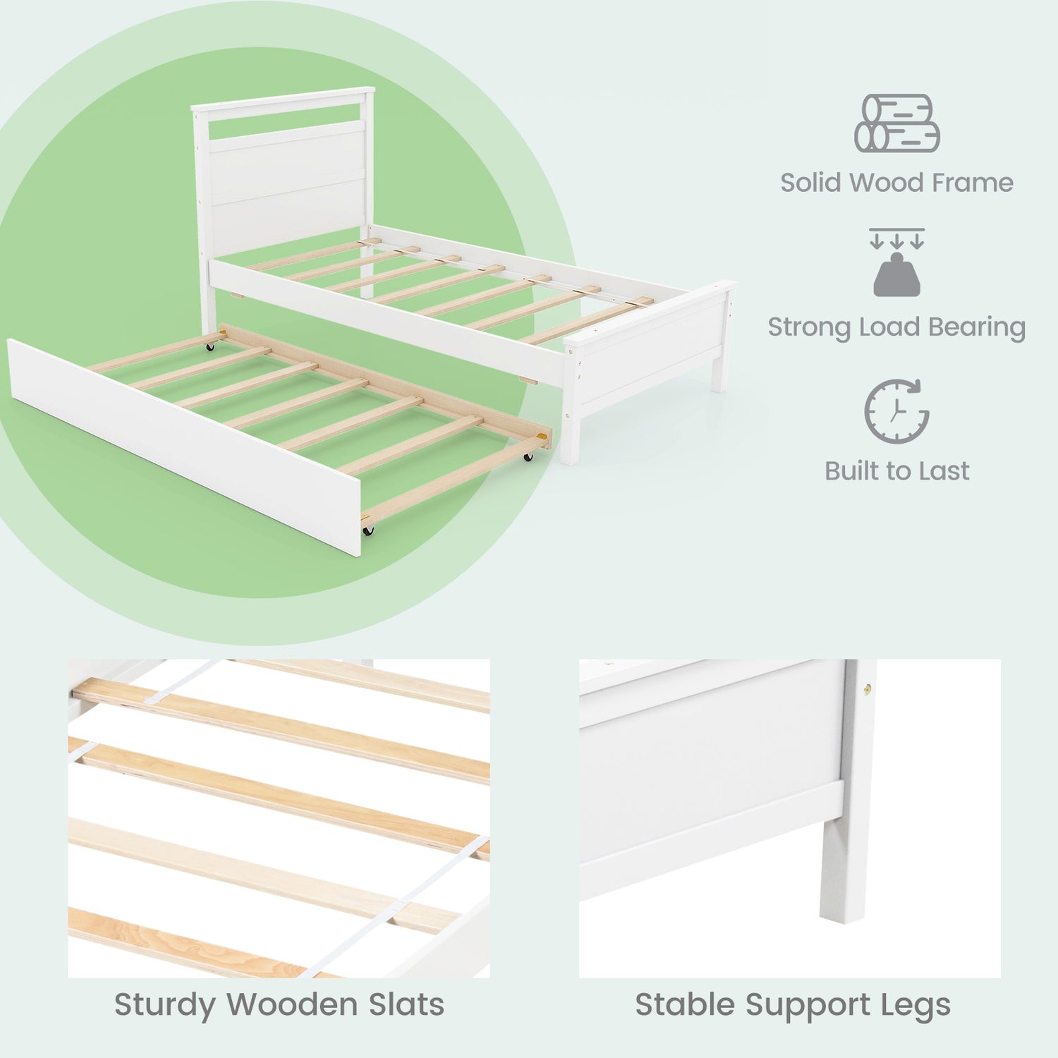 Twin Size Wooden Bed Frame with Trundle for Teens and Adults