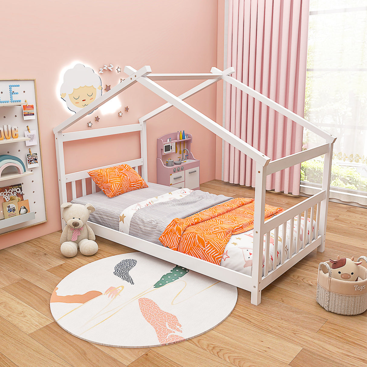 Twin Size Wooden House Bed with Roof