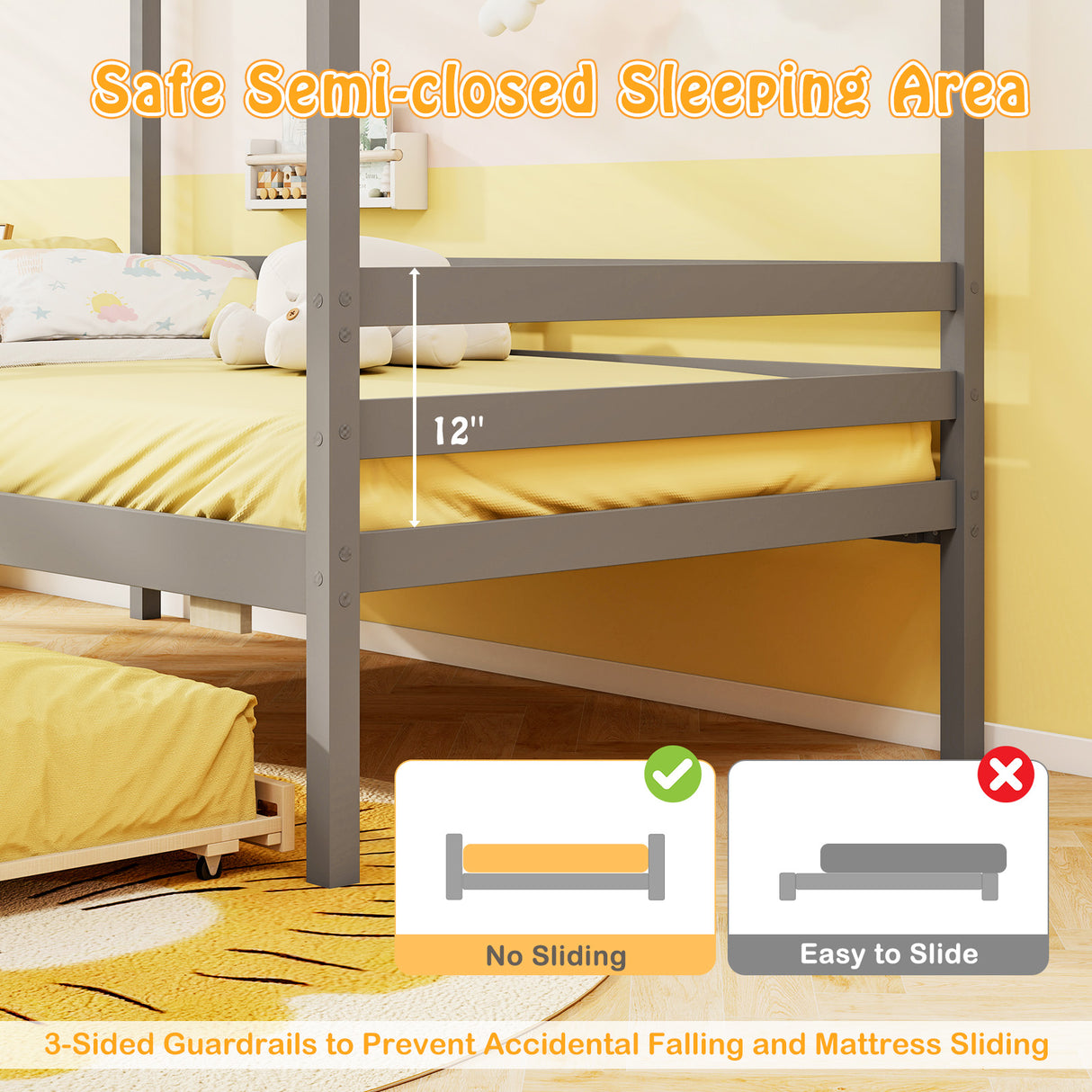 Twin Size Wooden Platform House Bed with Trundle and Roof