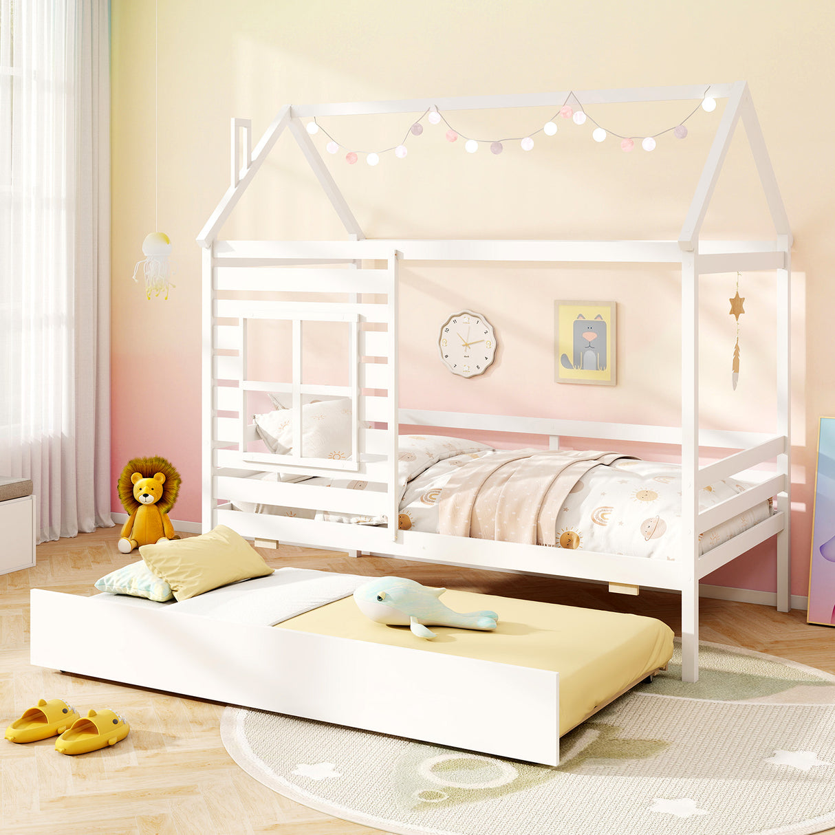 Twin Size Wooden Platform House Bed with Trundle and Roof