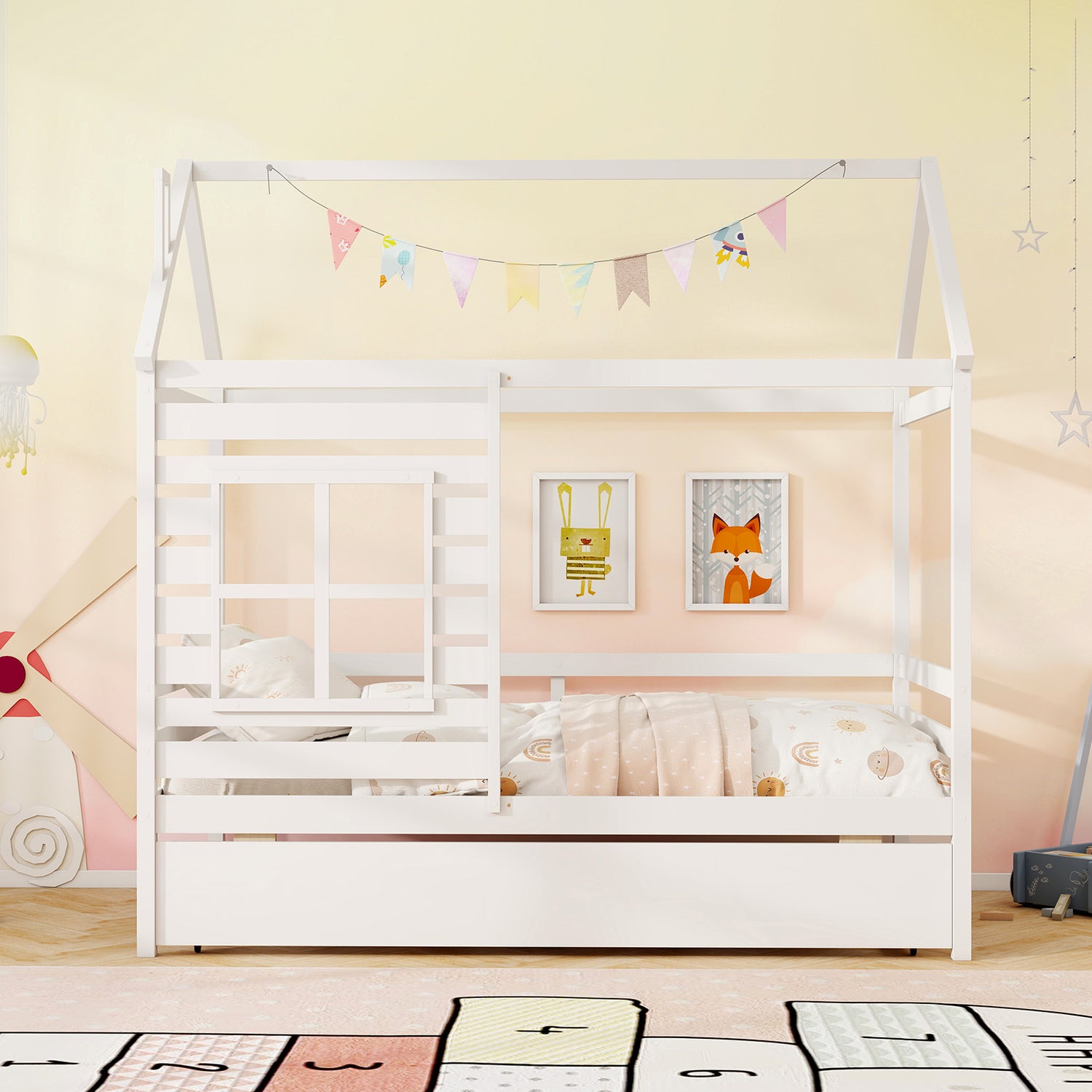 Twin Size Wooden Platform House Bed with Trundle and Roof