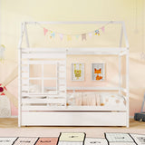 Twin Size Wooden Platform House Bed with Trundle and Roof
