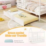 Twin Size Wooden Platform House Bed with Trundle and Roof