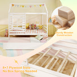 Twin Size Wooden Platform House Bed with Trundle and Roof