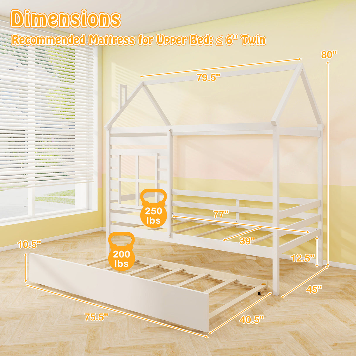 Twin Size Wooden Platform House Bed with Trundle and Roof