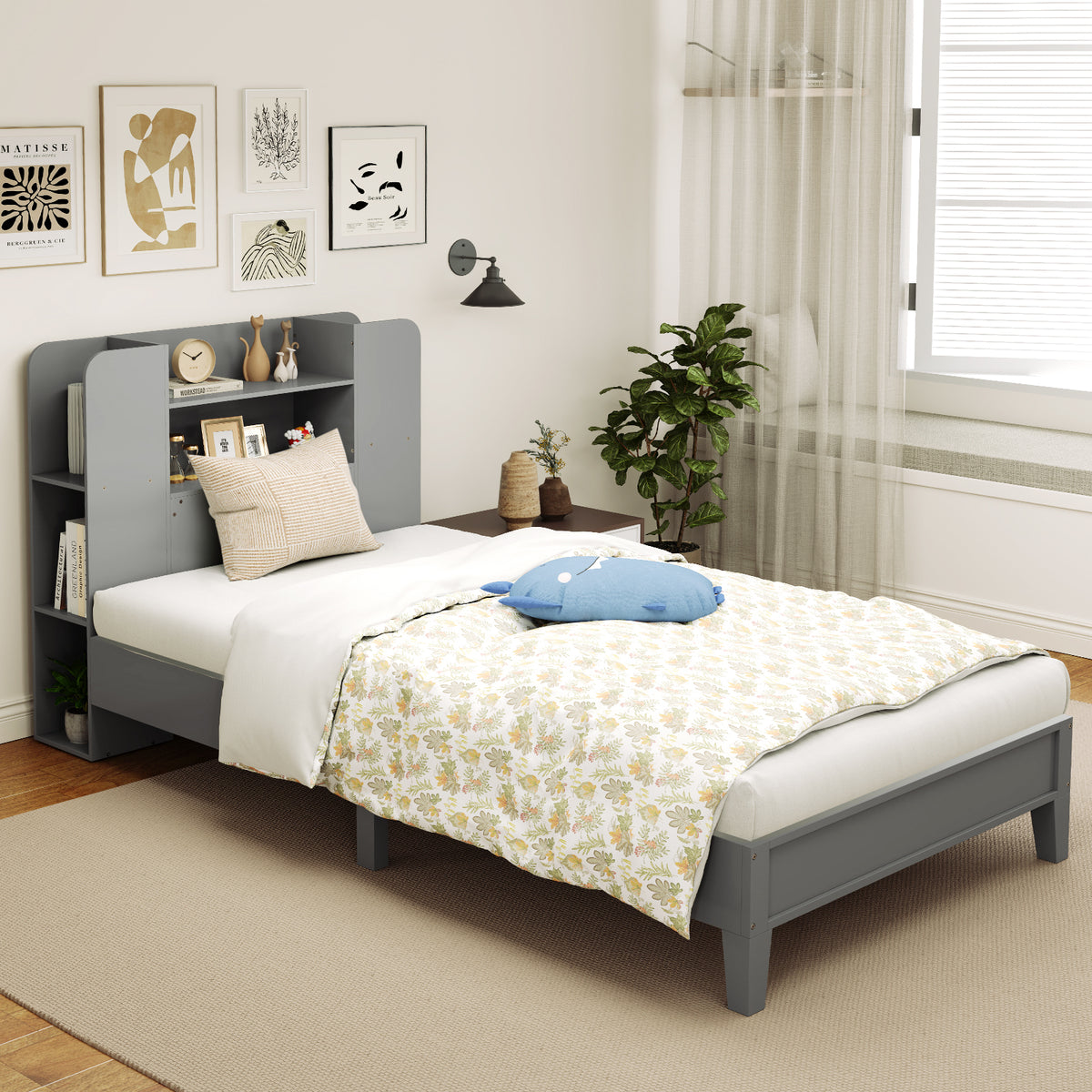 Twin Size Wooden Platform Bed Frame with Bookcase Headboard
