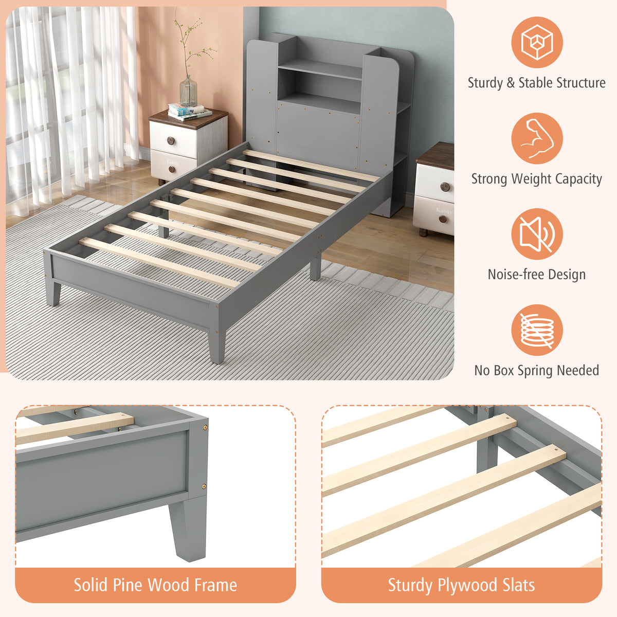 Twin Size Wooden Platform Bed Frame with Bookcase Headboard