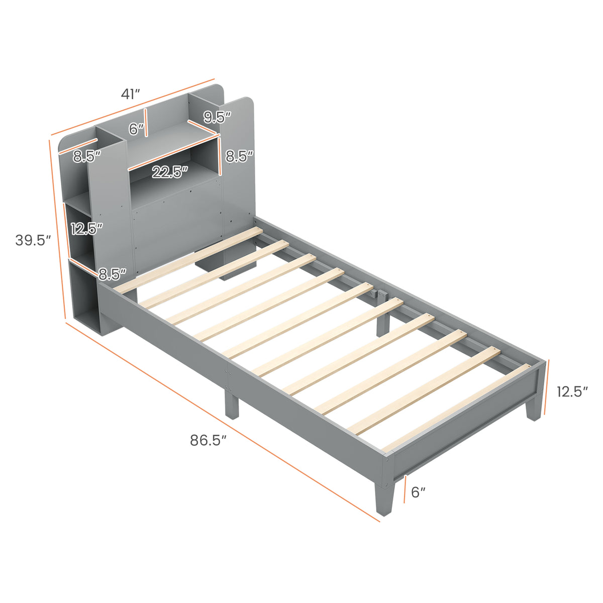 Twin Size Wooden Platform Bed Frame with Bookcase Headboard