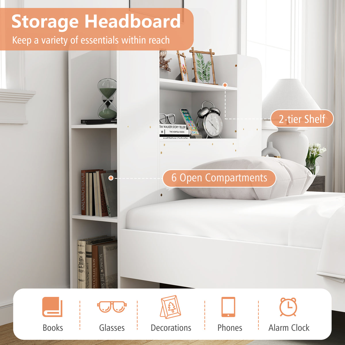 Twin Size Wooden Platform Bed Frame with Bookcase Headboard
