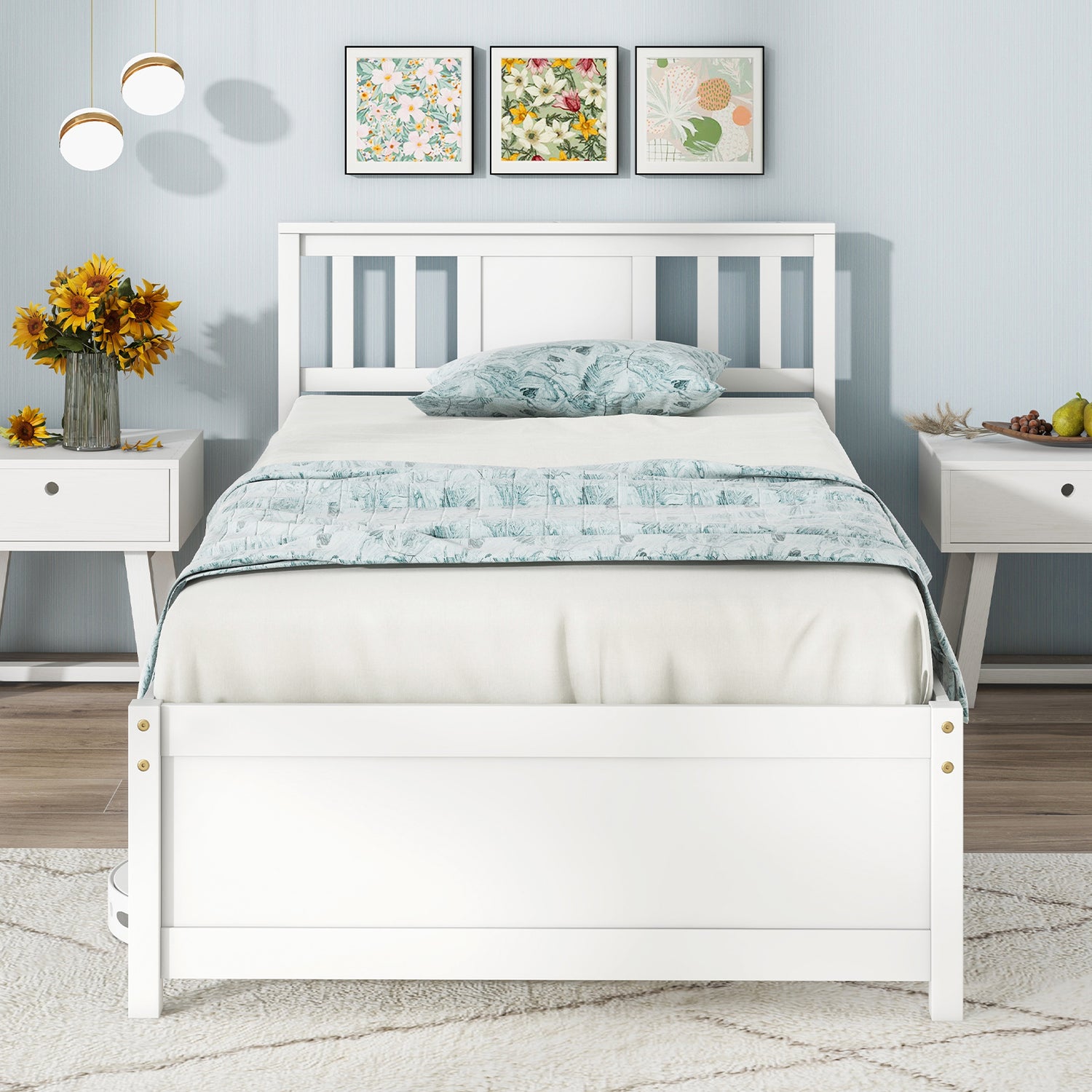 Wooden Platform Bed with Headboard and Wood Slat Support White