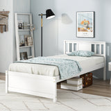 Wooden Platform Bed with Headboard and Wood Slat Support White