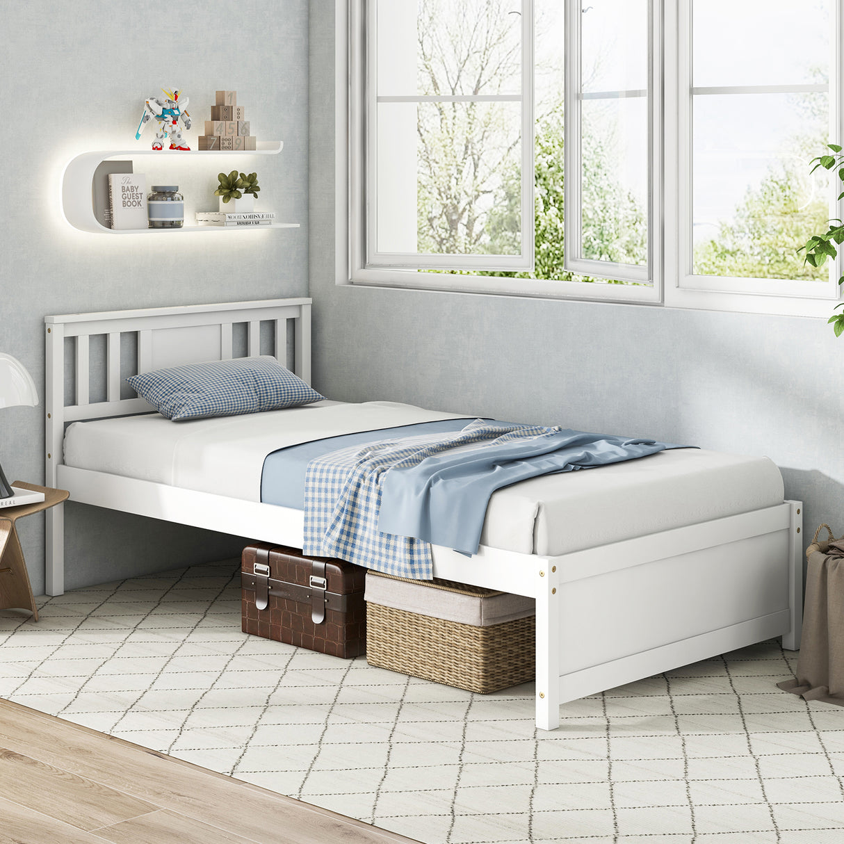 Wooden Platform Bed with Headboard and Wood Slat Support White