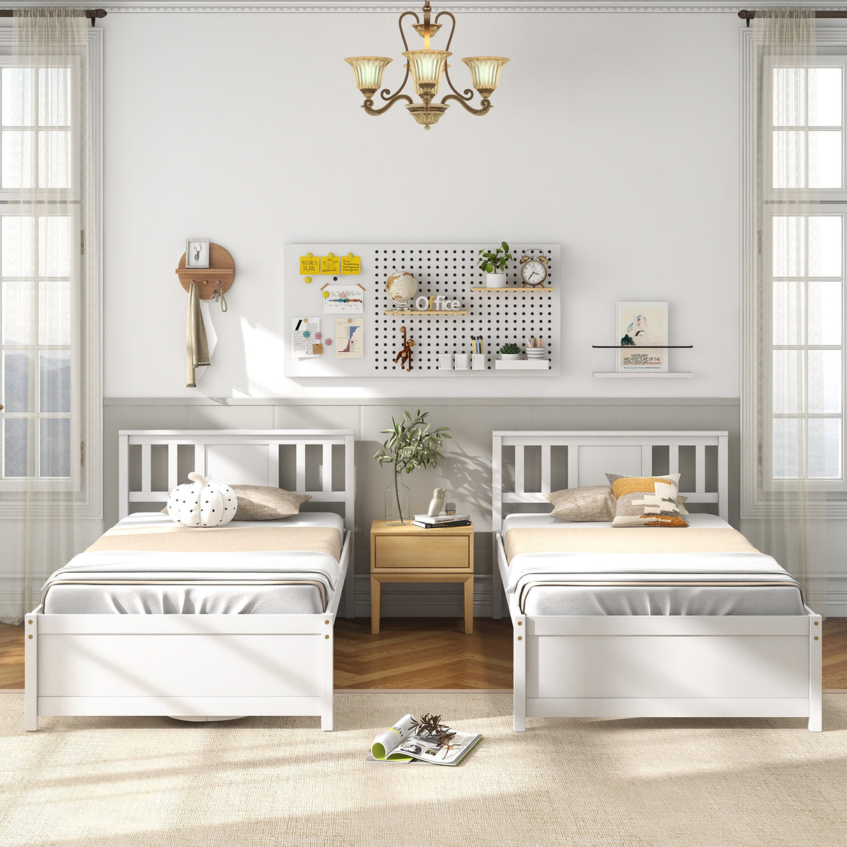 Wooden Platform Bed with Headboard and Wood Slat Support White